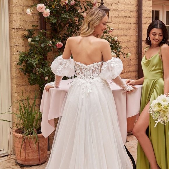 NEW LONG WEDDING A-LINE DRESS EMBROIDERED WITH FLORAL APPLIQUE AND LACE CD855W - Picture 9 of 11